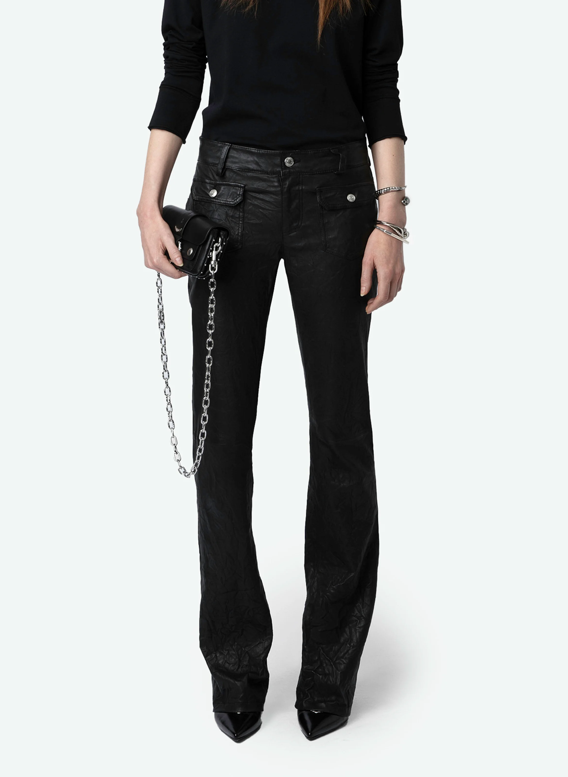 Pantalon droit taille normale en cuir | Noir
