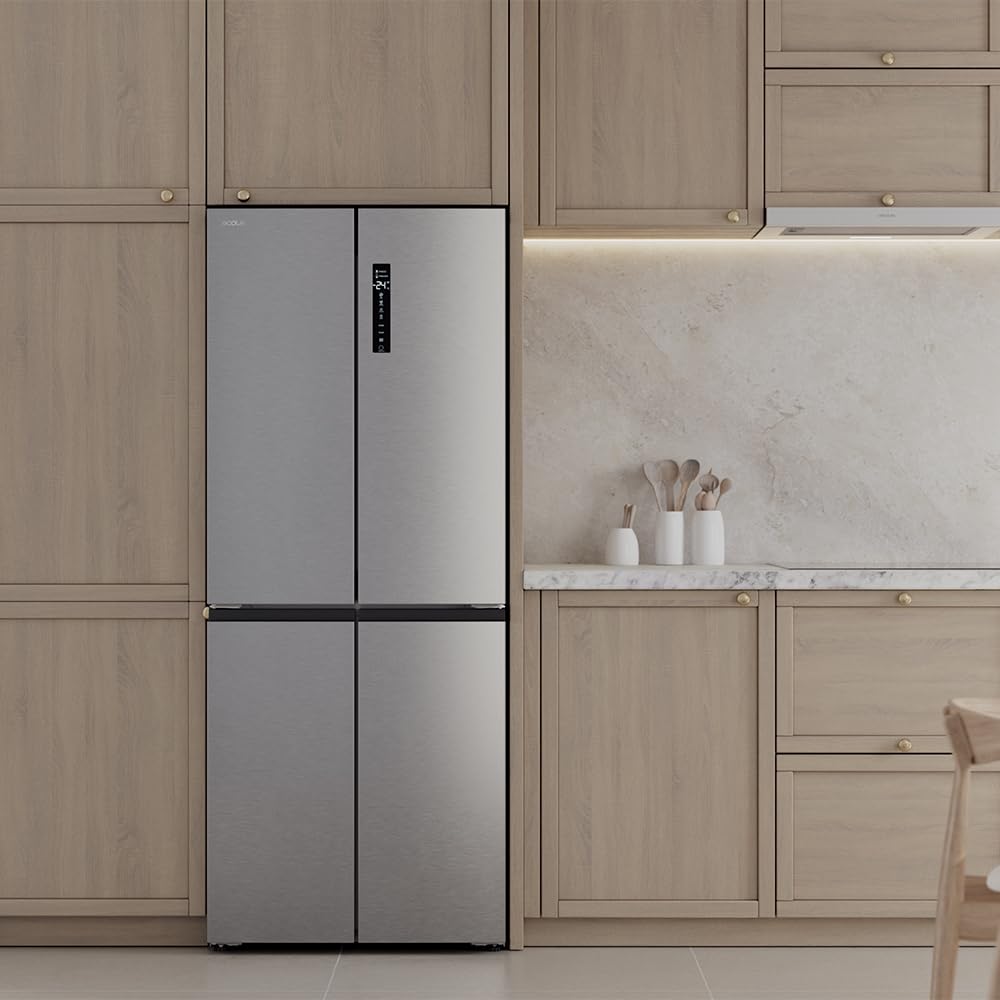 Cecotec Réfrigérateur 4 Portes Total No Frost Bolero CoolMarket 4D 394 Inox E,394 Litres, Hauteur 170 cm et 70 cm Largeur, Tiroir Température Variable