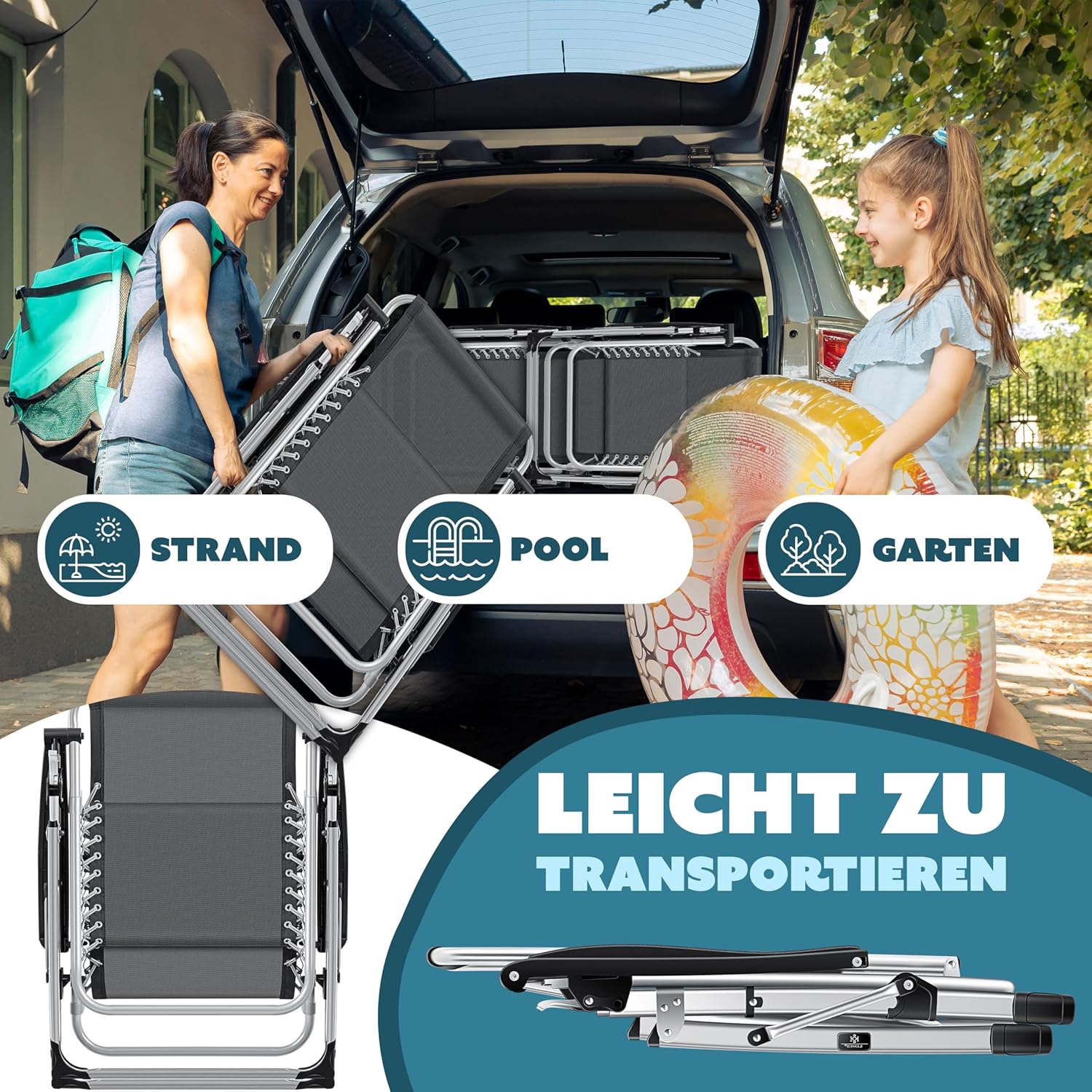 KESSER® Sonnenliege Liegestuhl,Gartenliege extra breit & Wetterfest,Belastbar 200kg,Ergonomisches Polster verstellbare Rückenlehne inkl. Nackenkissen Getränkehalter Armpolster & Seitentasche Grau