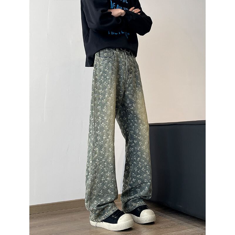 Obikan - Mid Rise Flora Print Washed Wide Leg Jeans