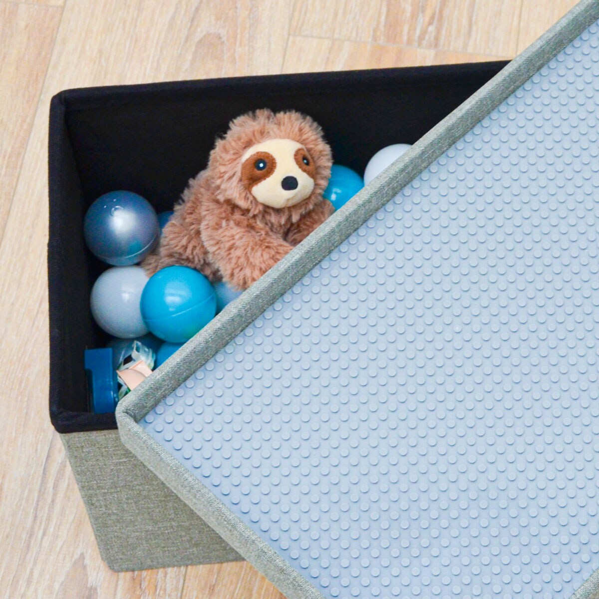 Kinder Aufbewahrungsbox mit Bauplatte - 53x27x30 Sitzbank - Baustein Spieltisch