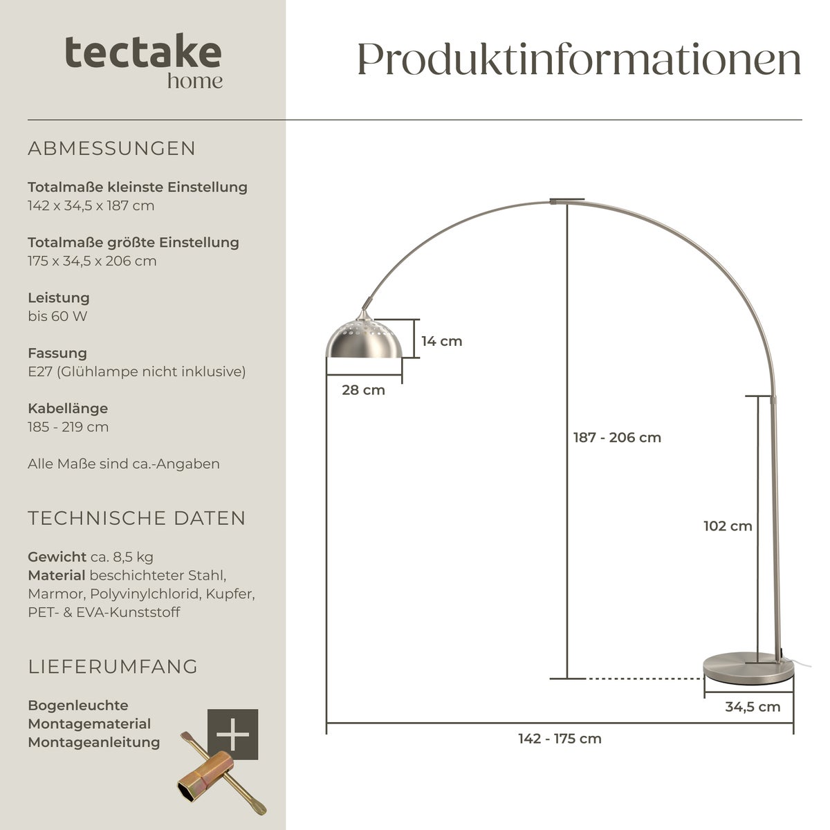tectake Arcus booglamp, jaren 70 retrostijl, hoogte verstelbaar 187 - 206 cm