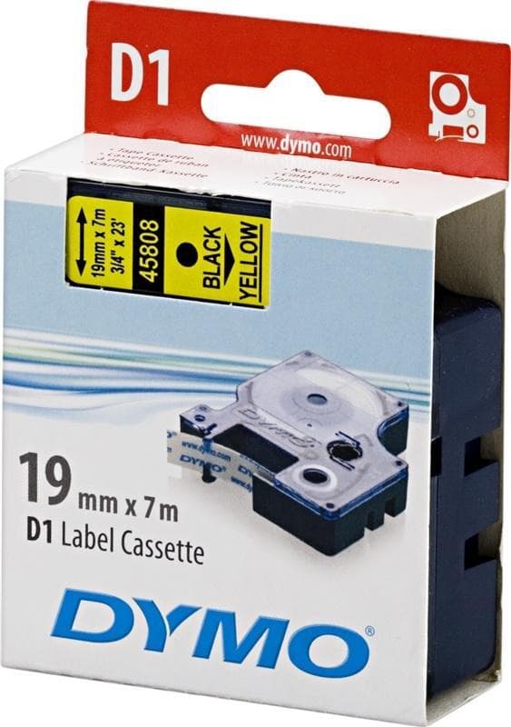 DYMO D1, markeringstape, 19 mm, sort tekst på gul tape, 7 m