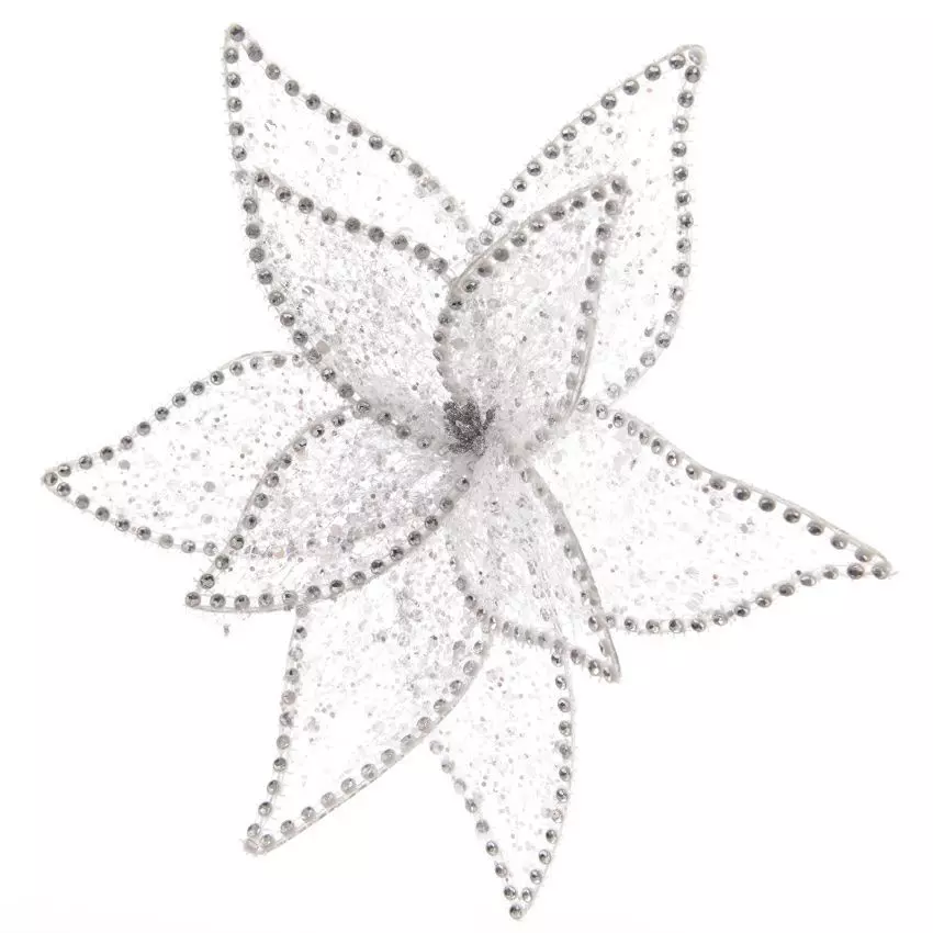 Poinsettia de Noël en strass sur clip (D20 cm) Blanc