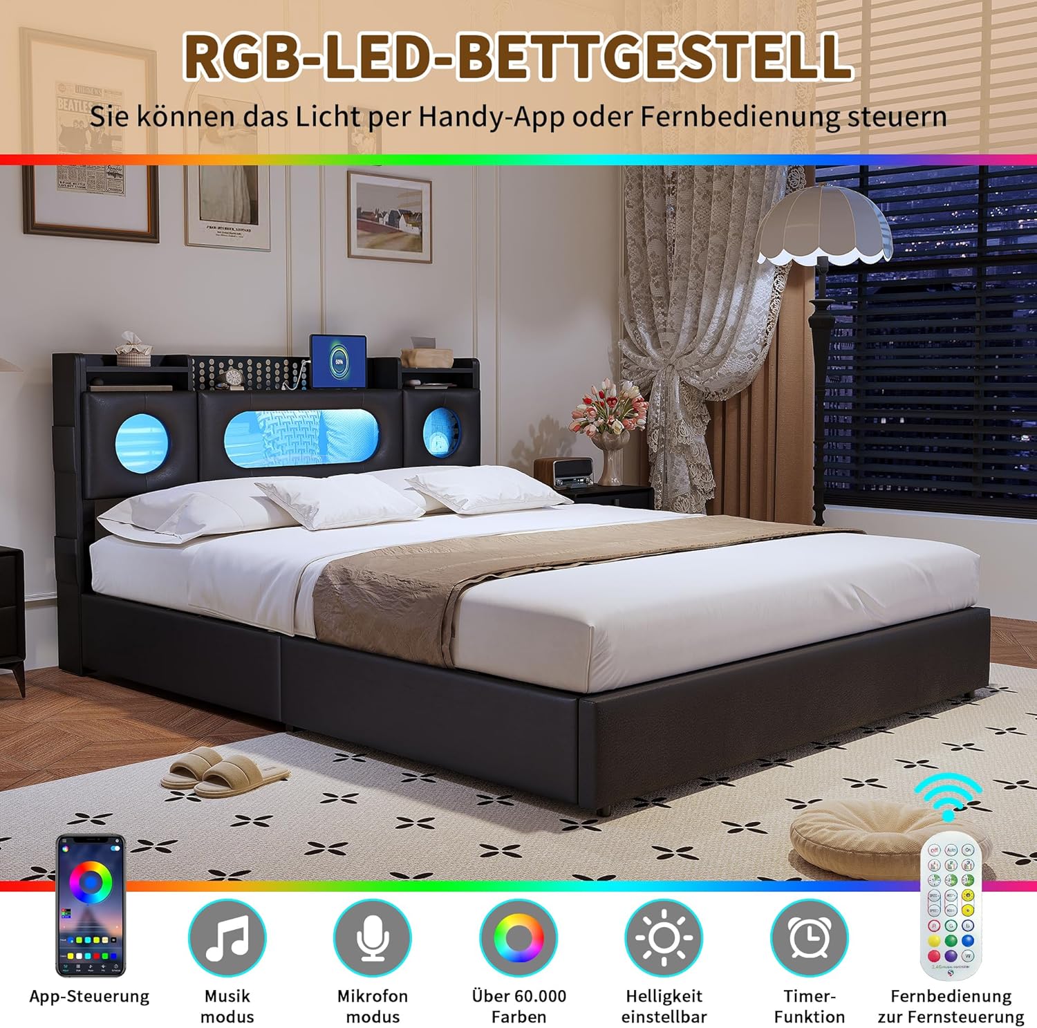 Boxspringbett 140x200 mit Stauraum, Schwarz Polsterbett Jugendbett mit USB/Type-C & LED-Beleuchtung, Versteckter Kopfteil-Stauraum & Lattenrost, Hydraulisch Doppelbett für Schlafzimmer(Ohne Matratze)