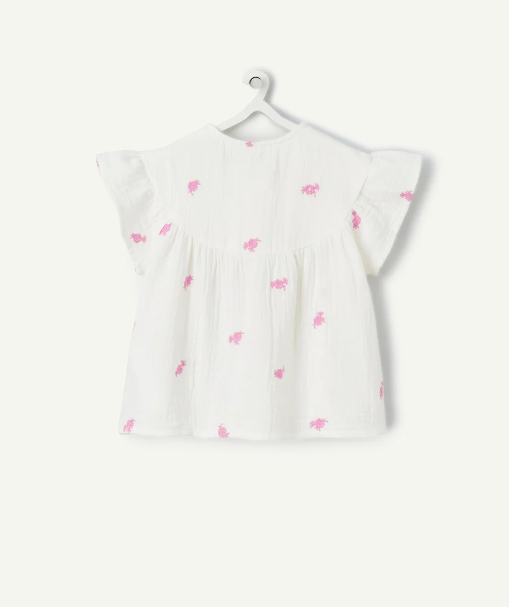 blouse bébé fille en gaze de coton blanche avec broderies violettes