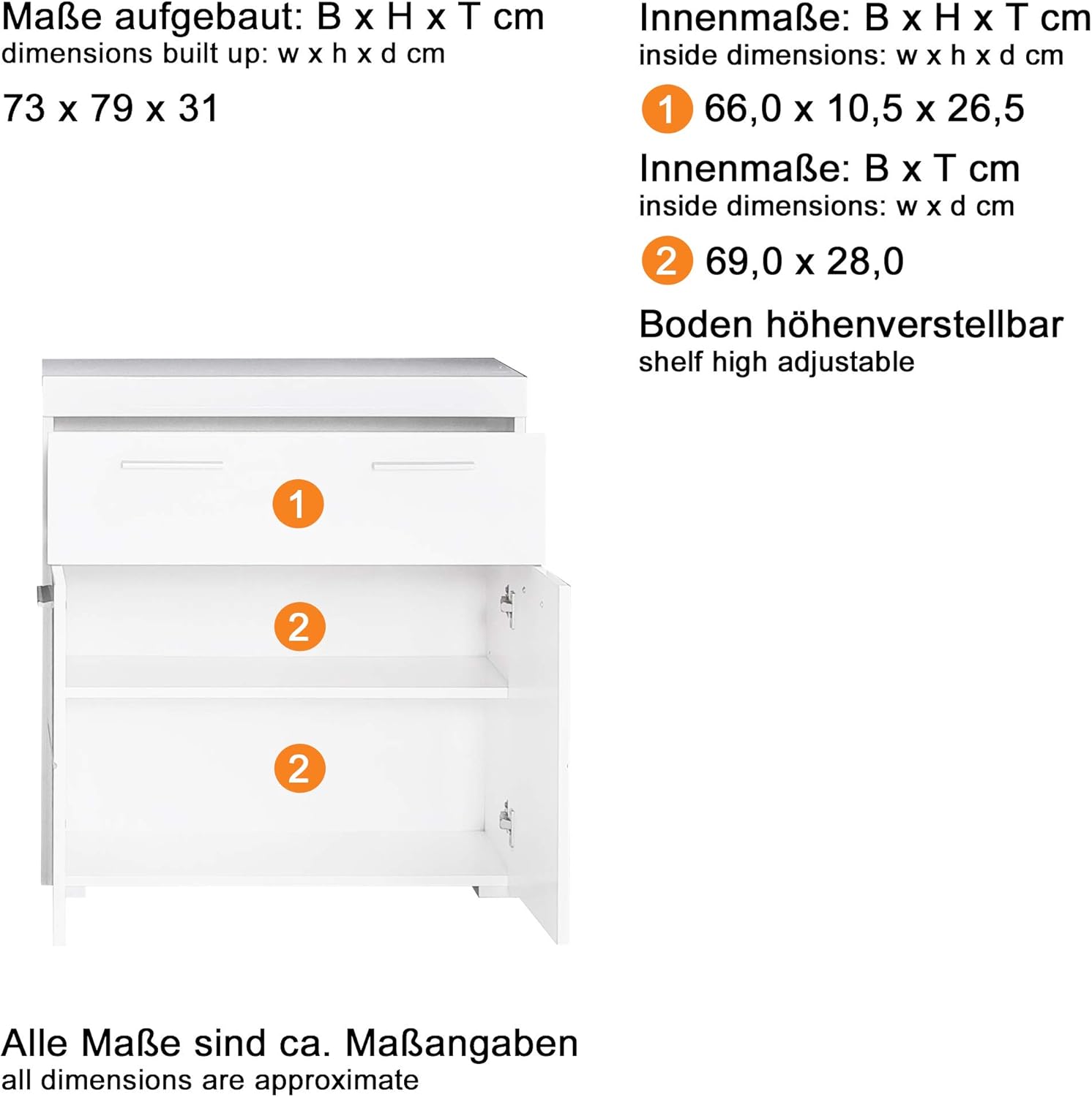 trendteam smart living - Amanda - Kommode - Weiß Hochglanz - Sideboard - (BxHxT) 73 x 79 x 31 cm - 2 Türen mit moderner Fräsung und 1 Schublade - Türanschlag links oder rechts - kratzfest