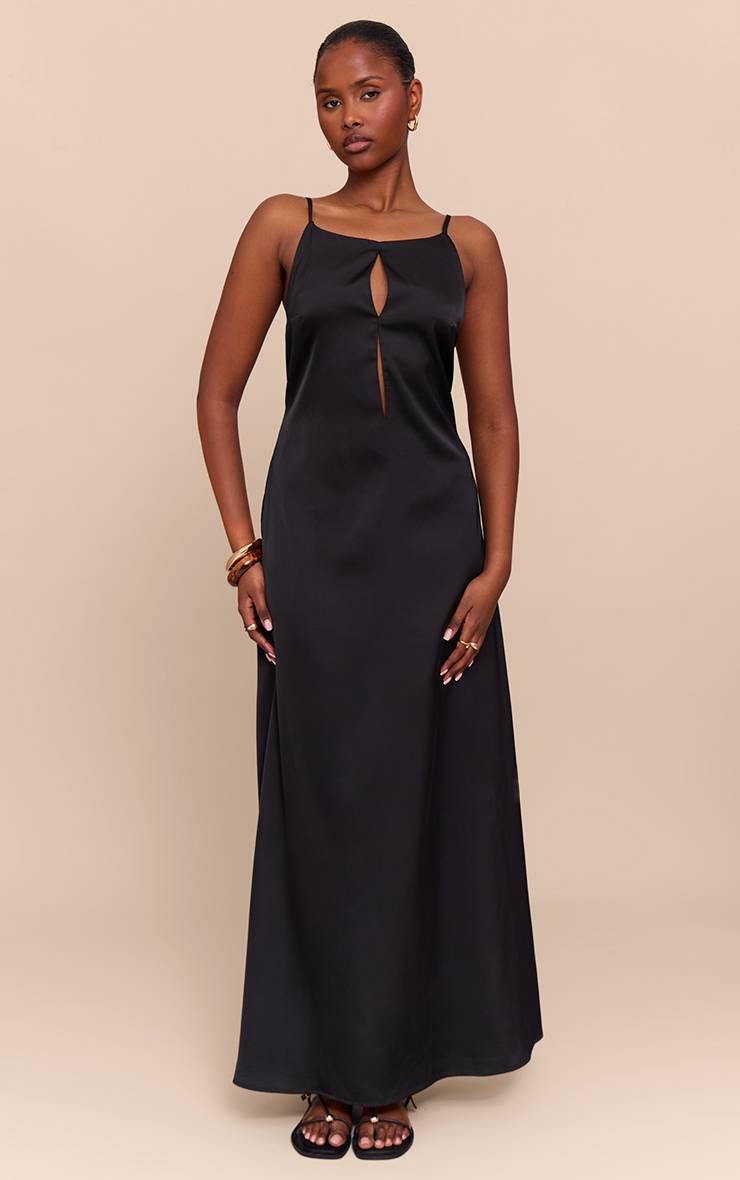 Noir Robe Nuisette Satinée À Découpe Œillet