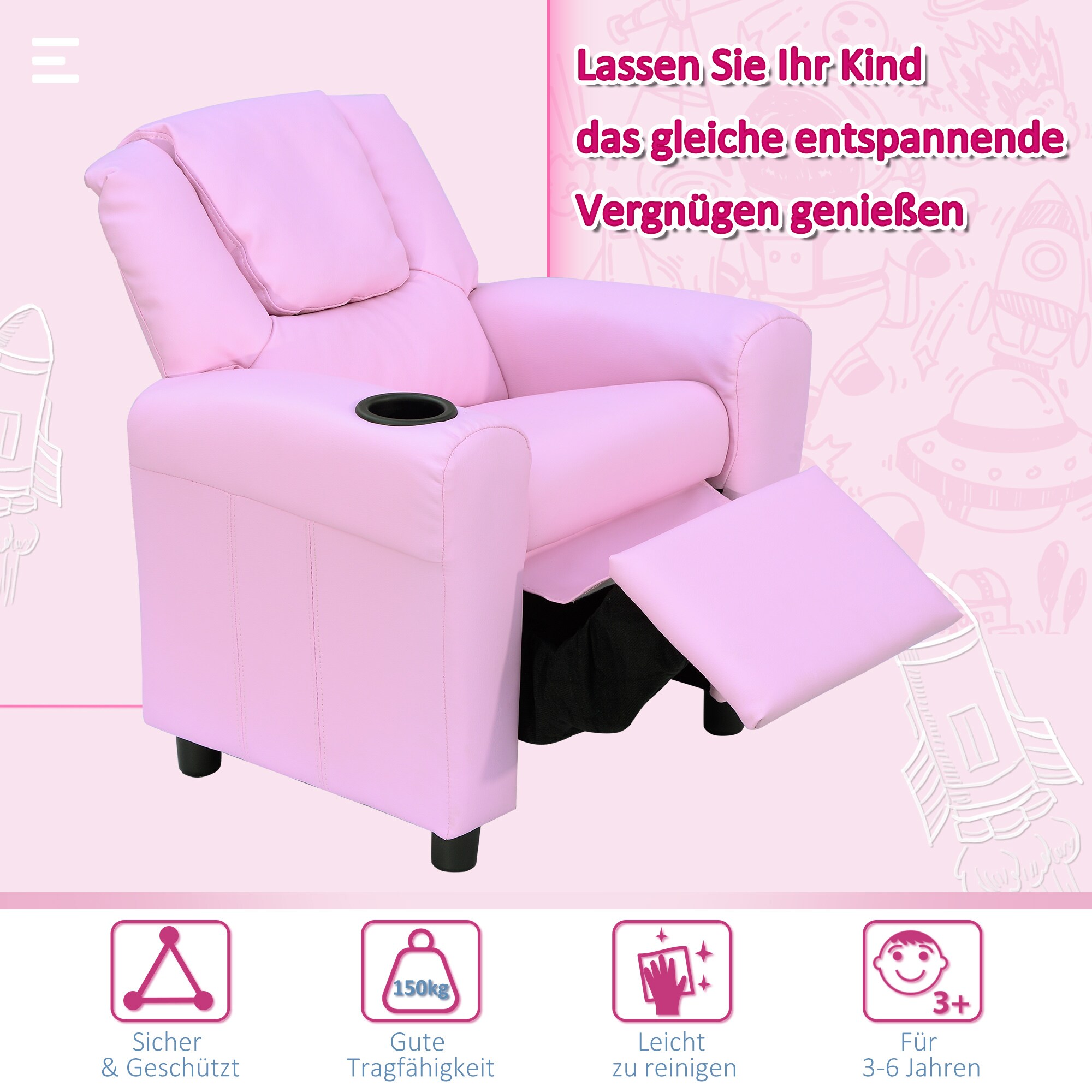 HOMCOM Kindersessel mit Liegefunktion rosa 62 x 56 x 69 cm (BxTxH)