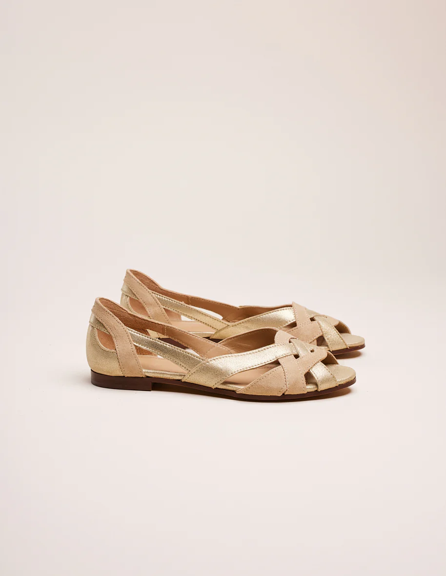 Sandales plates Clémentine - Cuir et suède champagne beige