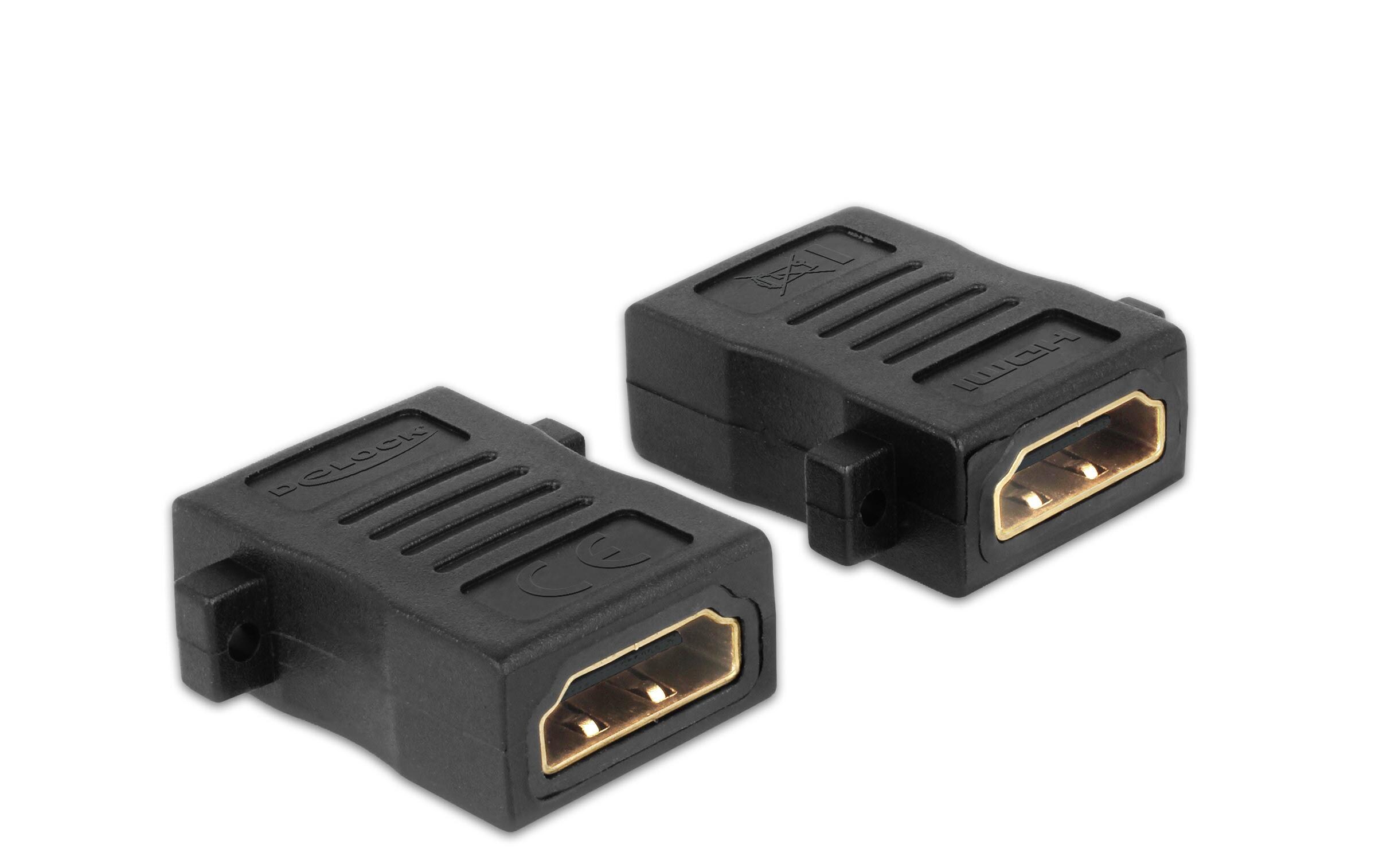 Adapter HDMI - HDMI, mit Schraubanschluss, 1 StückDelock Adapter HDMI-A Buchse > HDMI-A Buchse mit Schraubanschluss