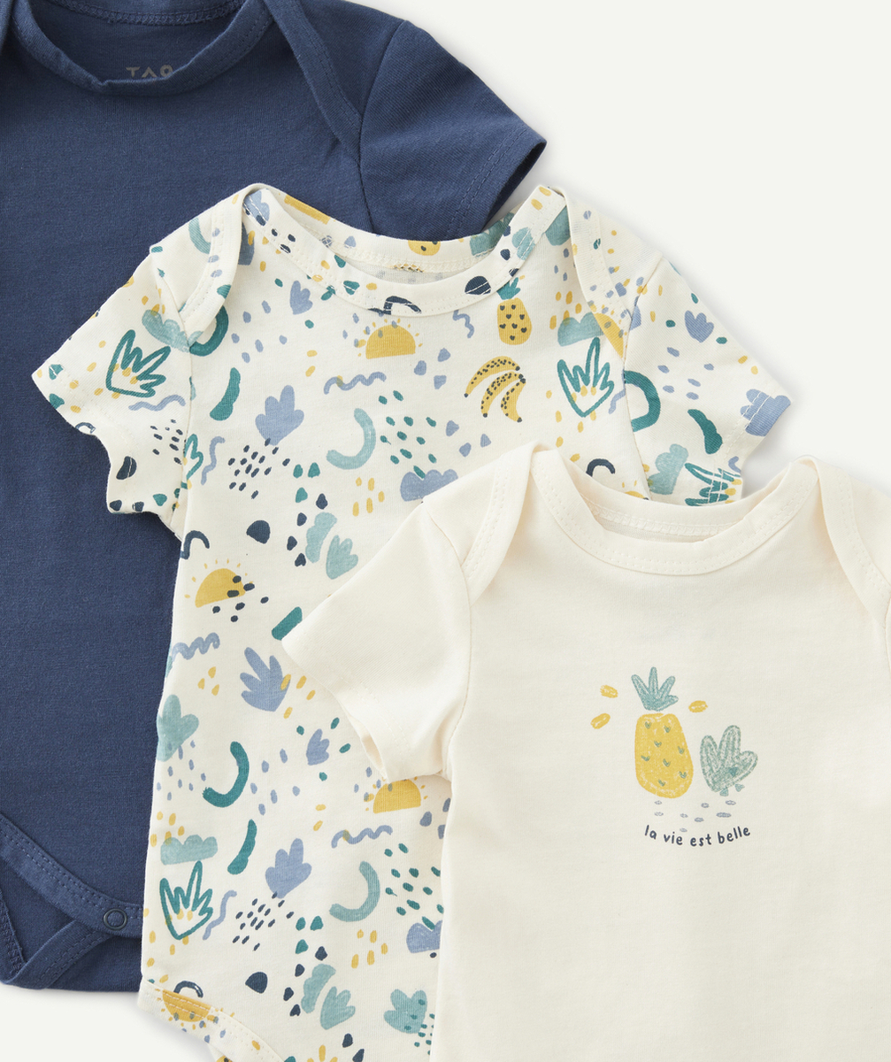 LOT DE 3 BODIES BÉBÉ EN COTON BIO IMPRIMÉ COLORÉ ET UNI