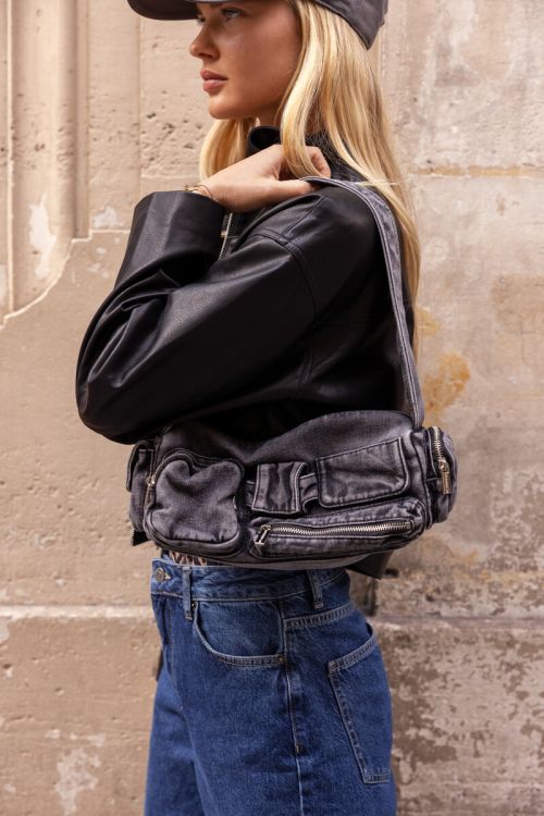 Grijze denim schoudertas met vakjes en ritsen