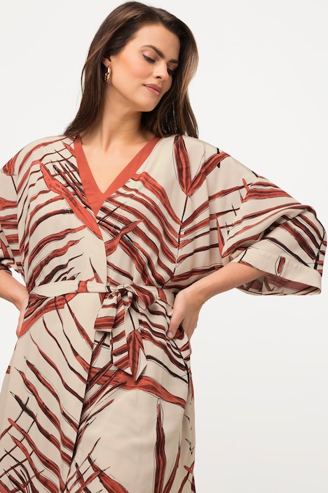 Kimono, Palmen, offene Form, Bindegürtel, 3/4-Arm