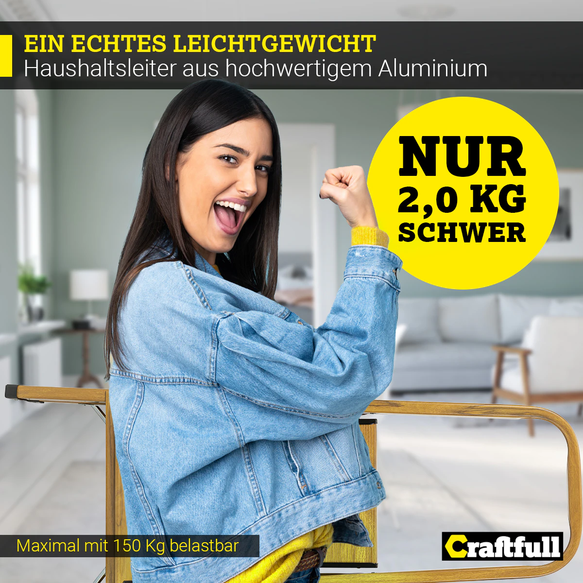 Craftfull Stehleiter CF-133A, Aluminium-Haushaltsleiter, 2-6 Stufen, gummierte Standfüße, bis 150 kg (2 Stufen Holz Edition)