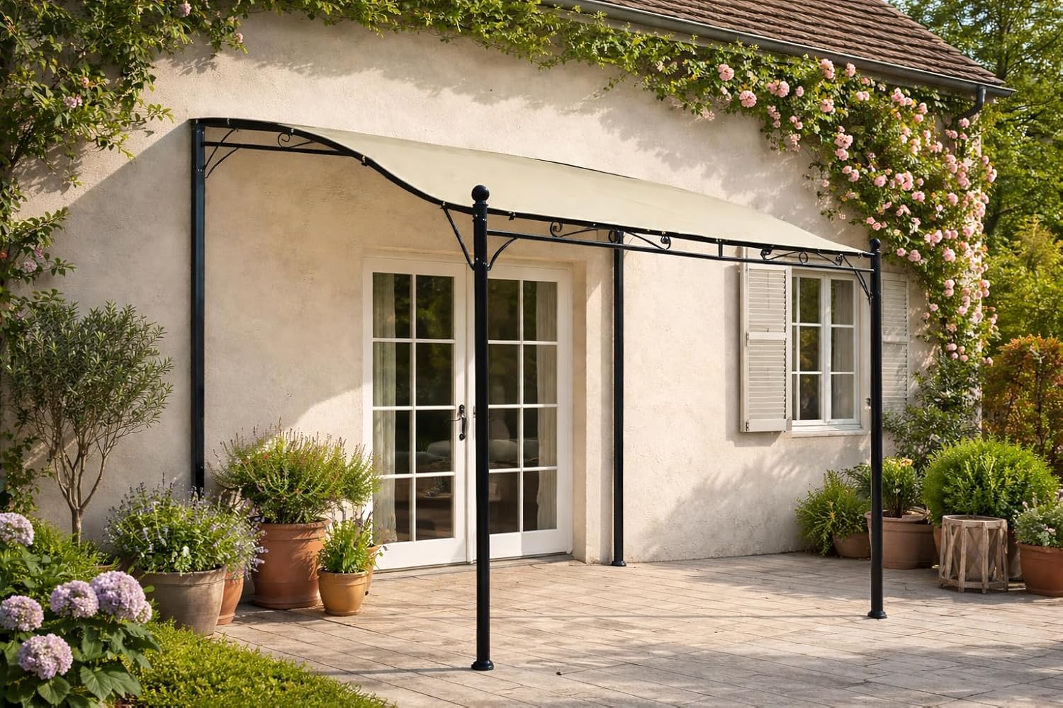 DEGAMO Anbaupavillon Mantova 300x250cm, Stahlgestell schwarz + Dach wasserdicht Ecru
