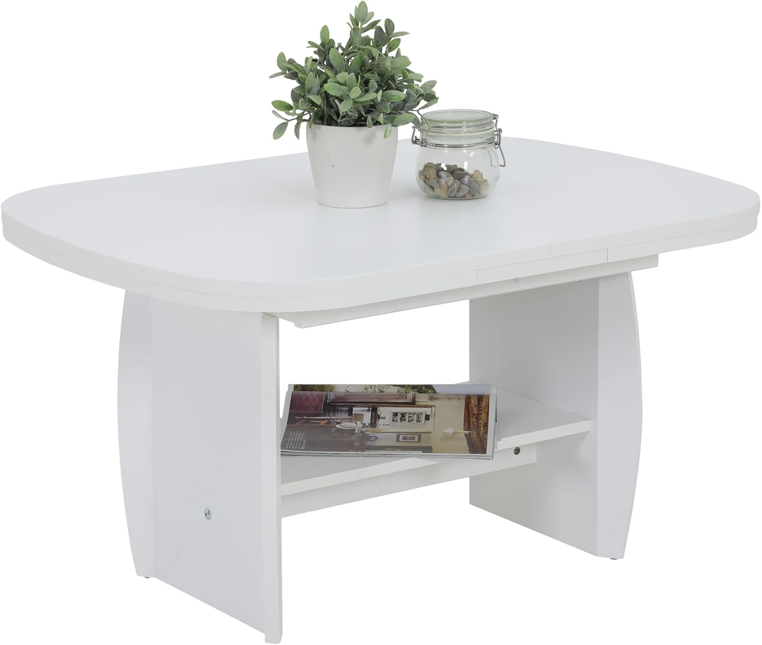 Hela Tische, Funktionscouchtisch Michael, Holzoptik melaminbeschichtet, Dekor Weiß, ausziehbar 90-142cm, höhenverstellbar mit Kurbel 52-62cm