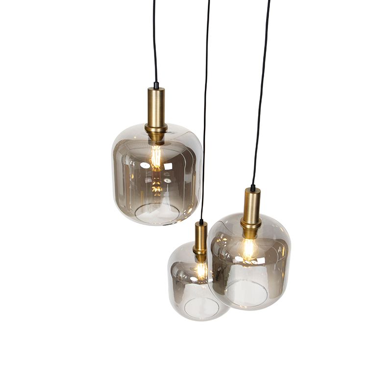 Design hanglamp zwart met goud en smoke glas 3-lichts - Zuzanna