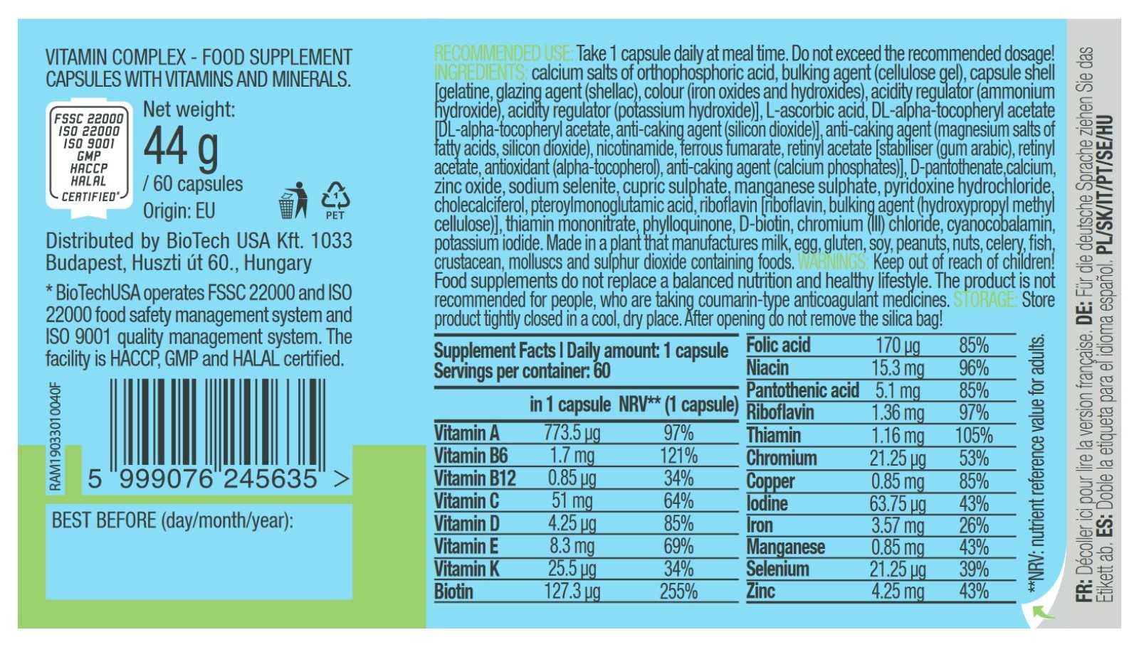 Complexo vitamínico Biotech USA, 60 cápsulas