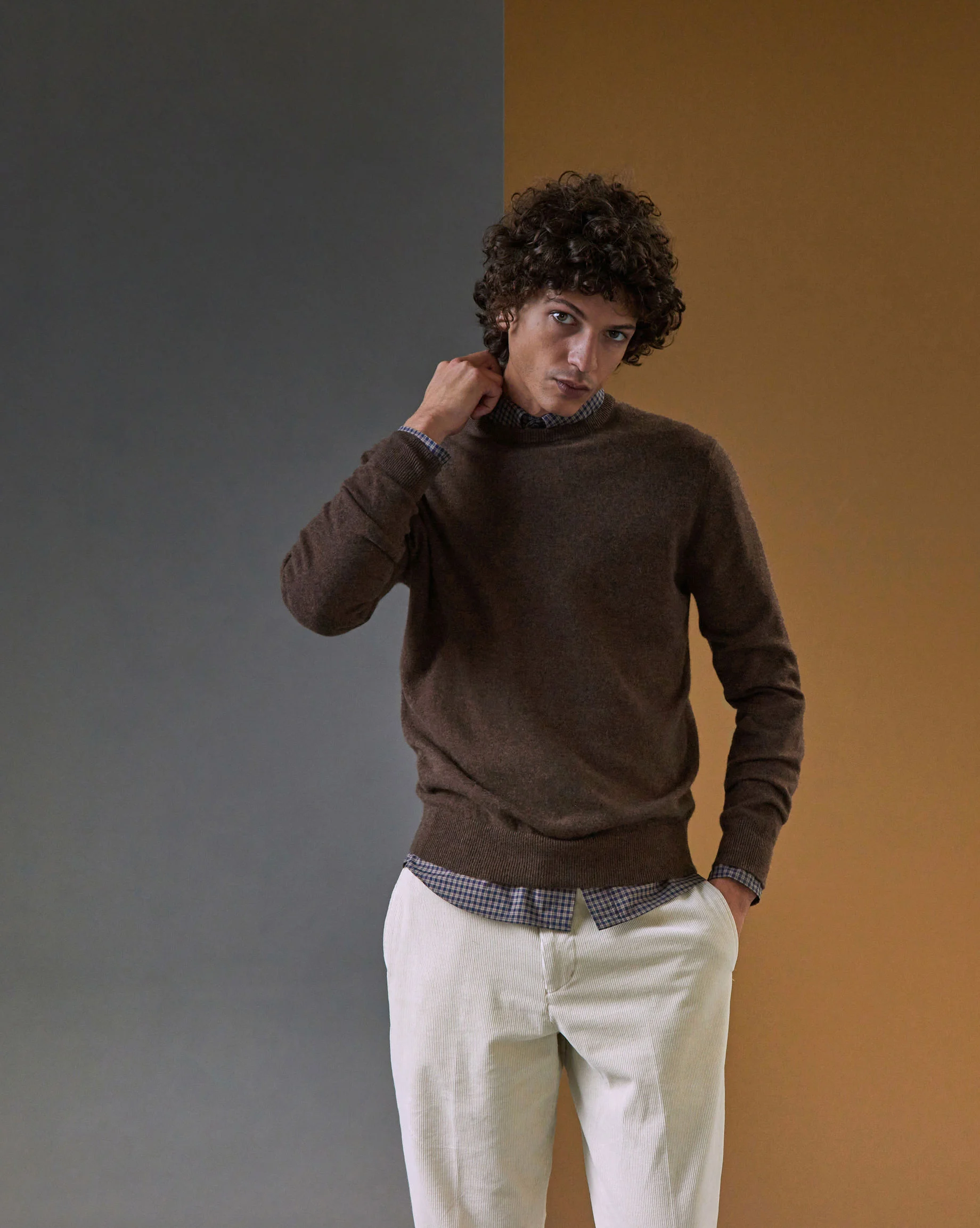 Pull homme col rond en cachemire 2 fils | Marron
