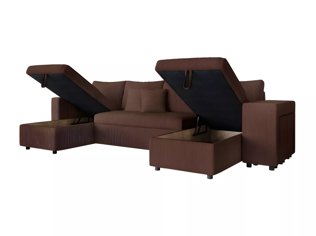 Canapé panoramique Oslo convertible avec 2 coffres, 2 poufs à droite en velours côtelé marron - L311 x P146 x H81cm - Loungitude