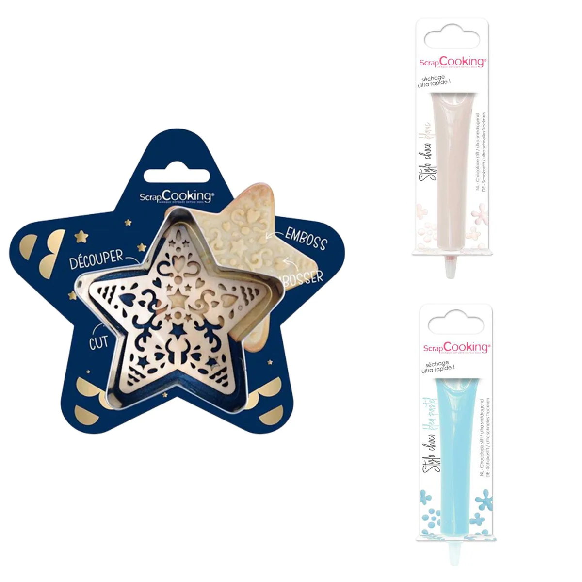 Kit pour biscuit en relief Étoile + 2 Stylos au chocolat blanc et bleu