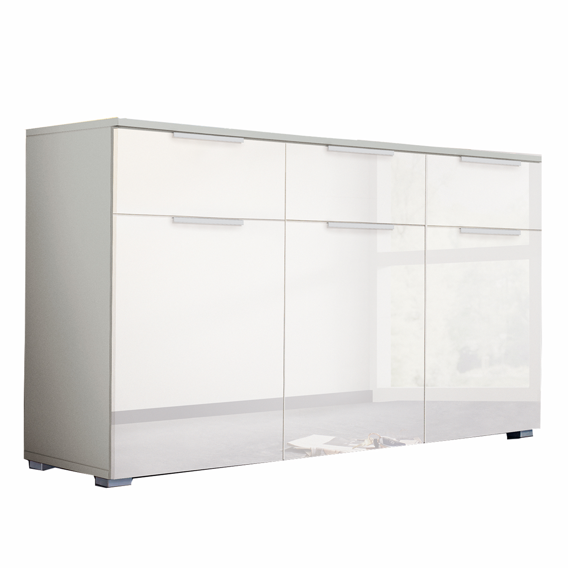 Sideboard - weiß Hochglanz-seidengrau-Alpinweiß - 3-türig - 140 cm