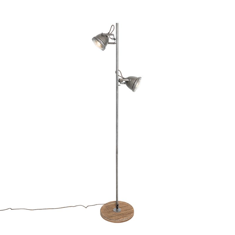 Industriële vloerlamp staal met hout 2-lichts - Emado