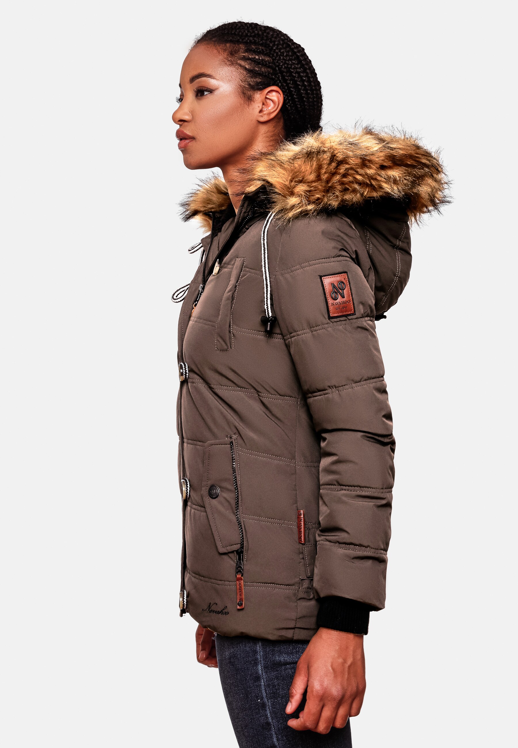 NAVAHOO Damen Stylische Winterjacke Steppjacke mit Kunstpelz Kapuze Zoja