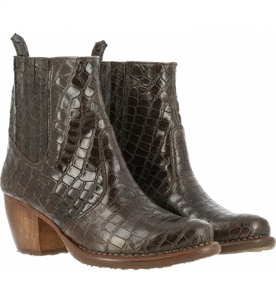 Botas de cano curto Neosens S3102 em couro marrom com estampa de crocodilo - Altura do salto: 5,5 cm -