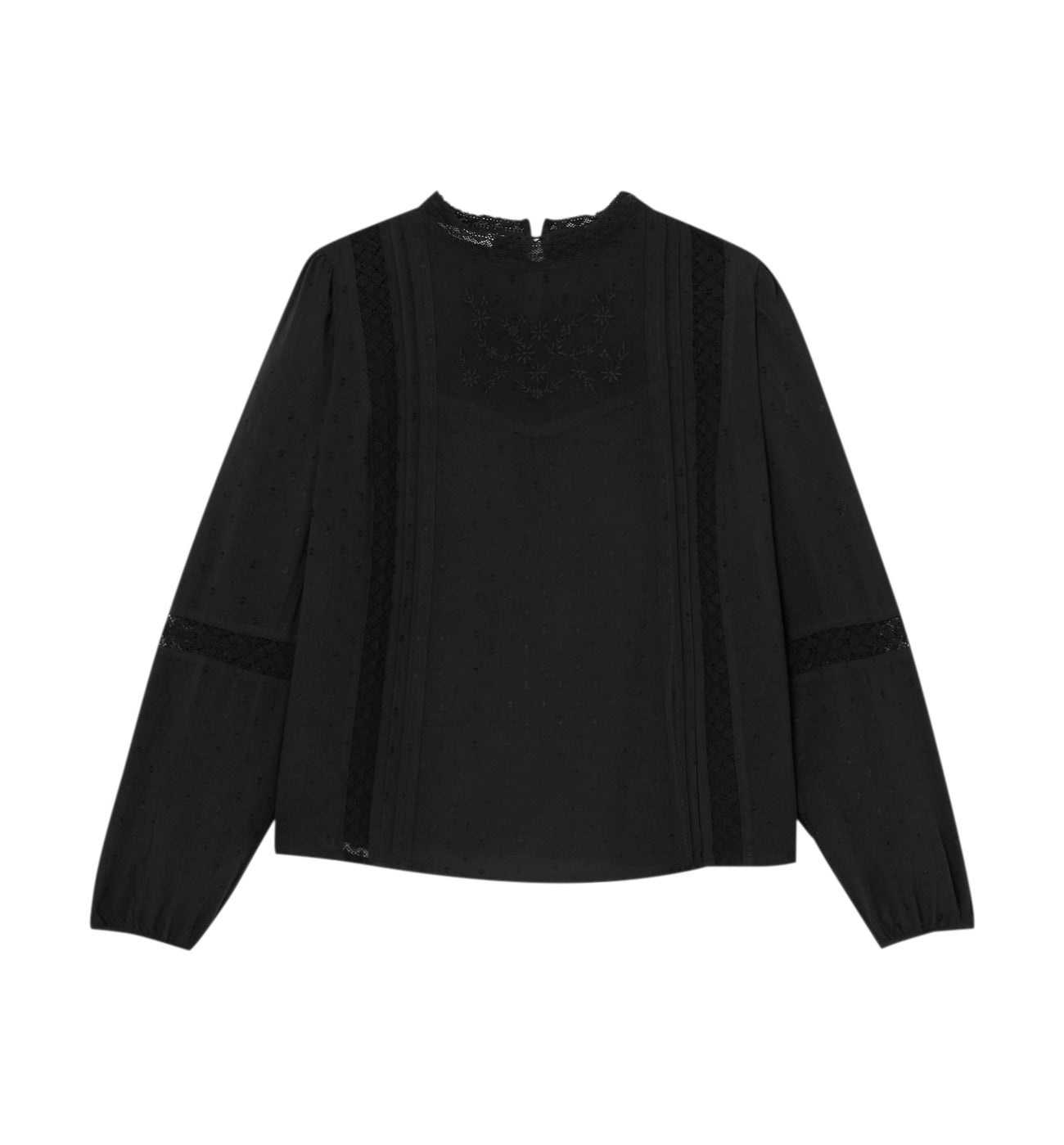 Blouse rétro brodée Femme - Noir