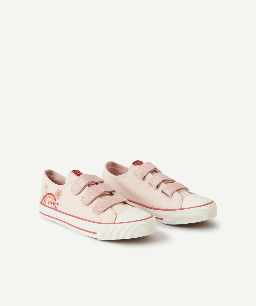 BASKETS BASSES FILLE À SCRATCH ROSE ET PAILLETÉ AVEC DESSIN FLEURI