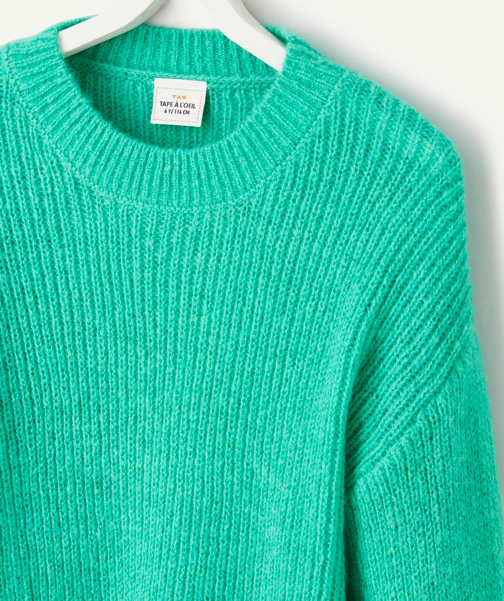 PULL LARGE FILLE EN TRICOT VERT À MANCHES LONGUES