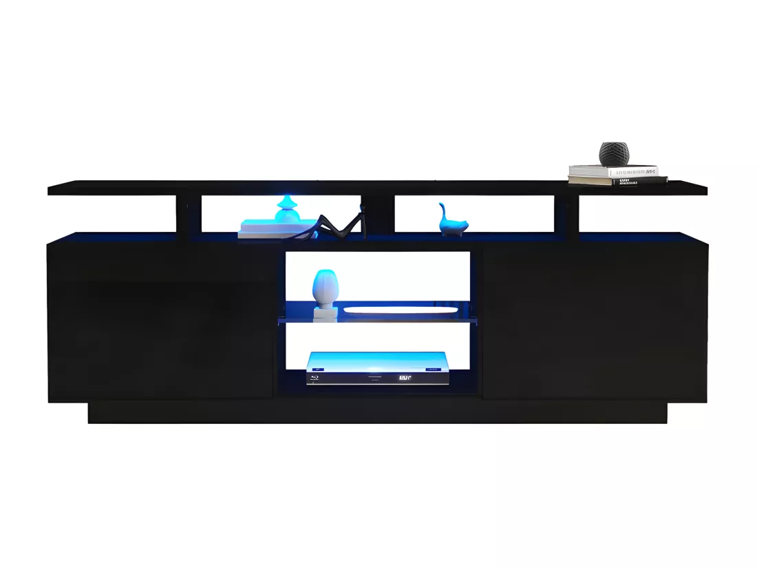 Meuble TV 140 cm avec éclairage LED en 16 couleurs - avec cloisons vitrées - Noir