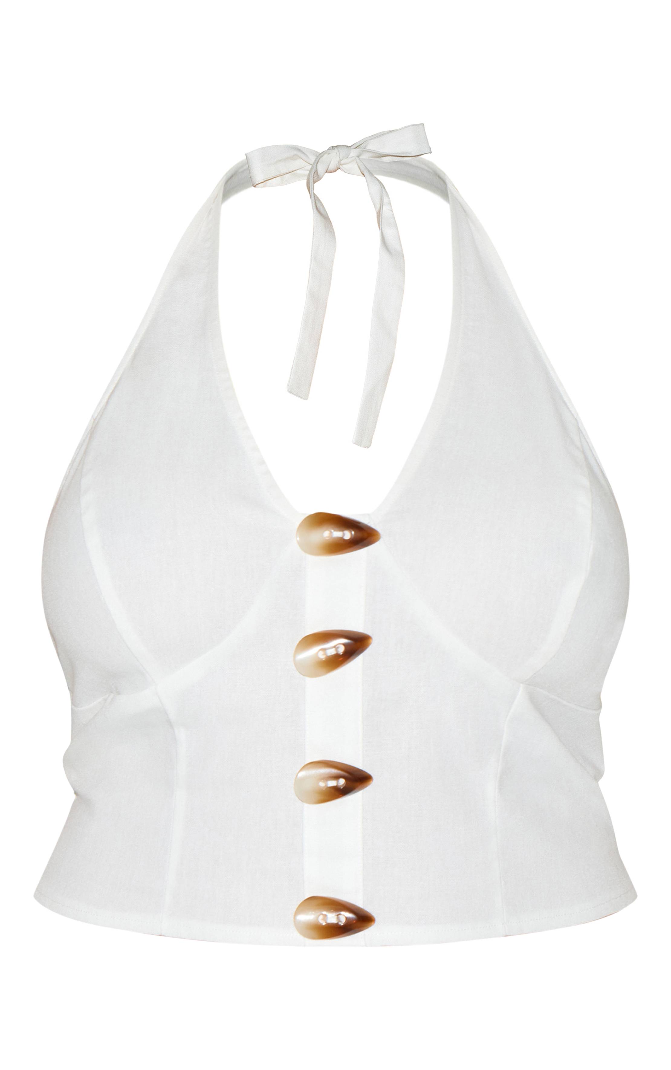 Blanc Top Court Grande Taille Col Licou Tissé Avec Détails Boutons Coordonné