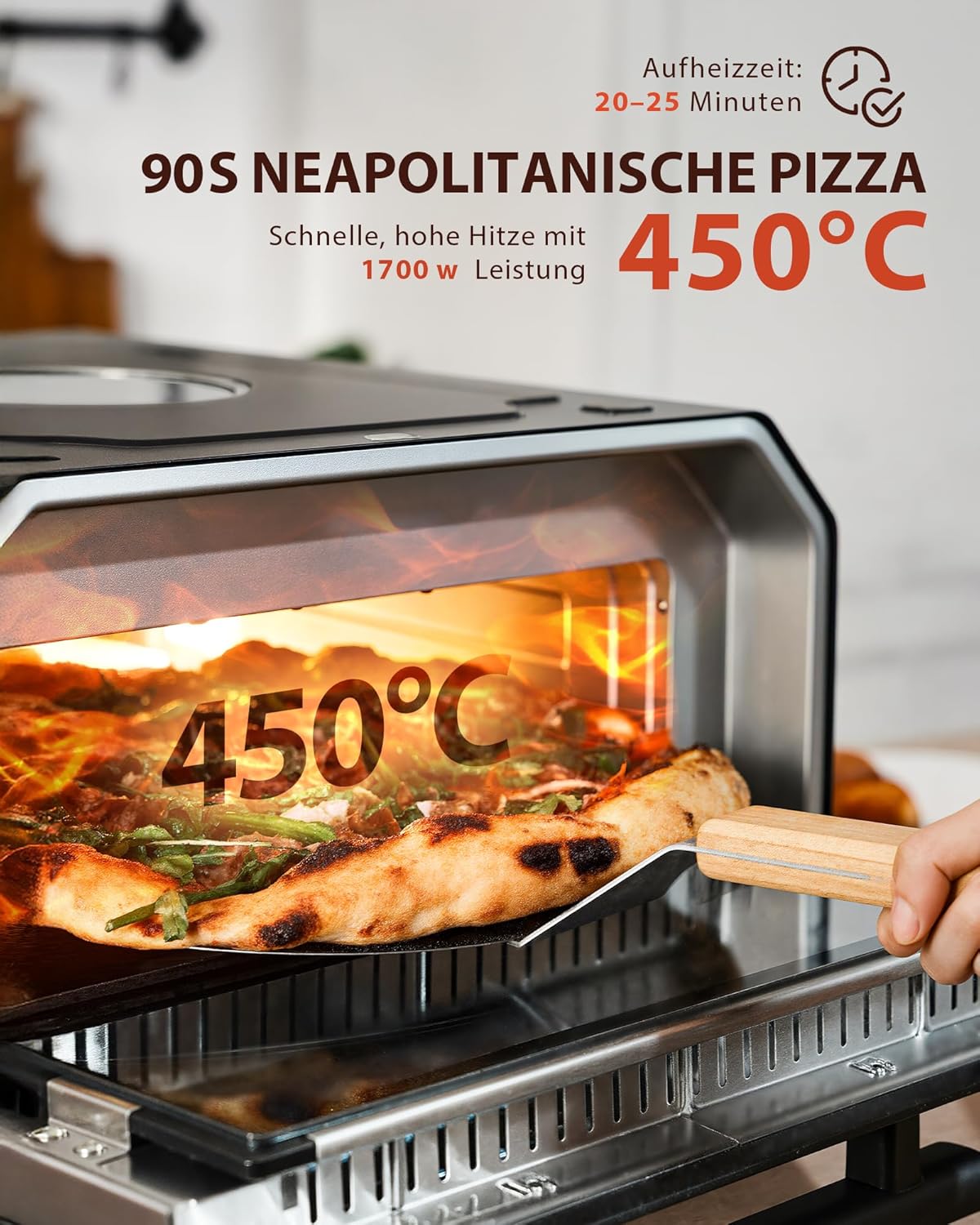 Pizzaofen Elektrisch, bis 450°C für 90-Sekunden-Neapolitanische Pizza, 13 Programme (6 Pizza- & 6 Kochmodi + Profi-Funktion), Doppelte Heizelemente, Pizzaschaufel & Pizzastein & Backblech