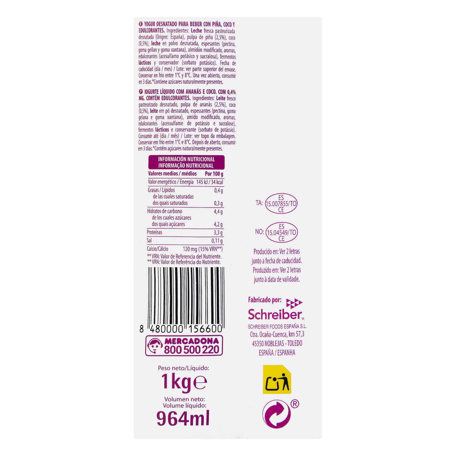 Yaourt liquide écrémé à l'ananas et à la noix de coco Hacendado 0% mg 0% sans sucres ajoutés