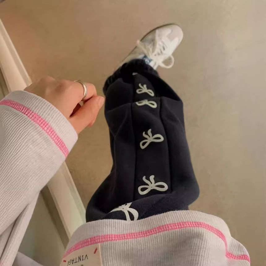 Rosesand - Hoge taille strikprint effen losse wijde joggingbroek