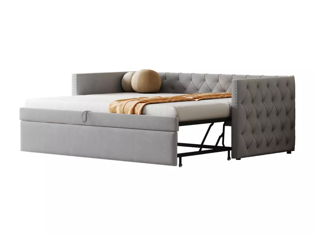 Lit gigogne rembourré en velours - 90/180x200 cm - avec sommier à lattes - Gris clair