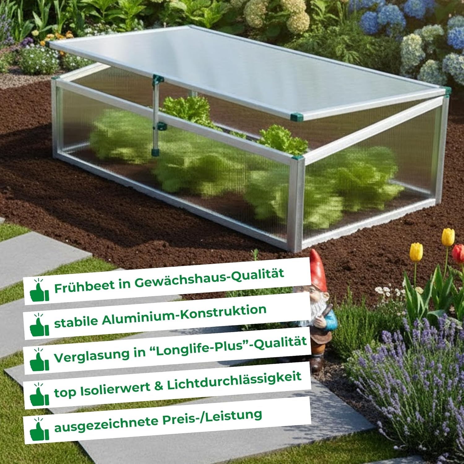 Beckmann Frühbeet Typ Allgäu Modell FSH – Extrem Stabil: Hagelfeste 6mm Platten – Made in Germany – UV-Schutz—Premium Aluminium Mini-Gewächshaus – 98x58cm