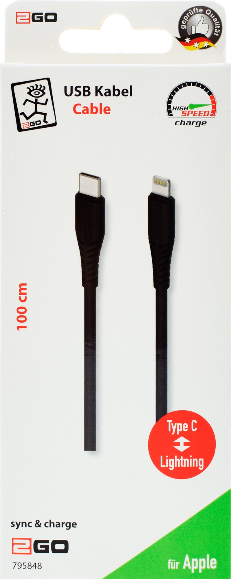 2Go Datenkabel USB Typ C Apple 8 pin 1 Meter