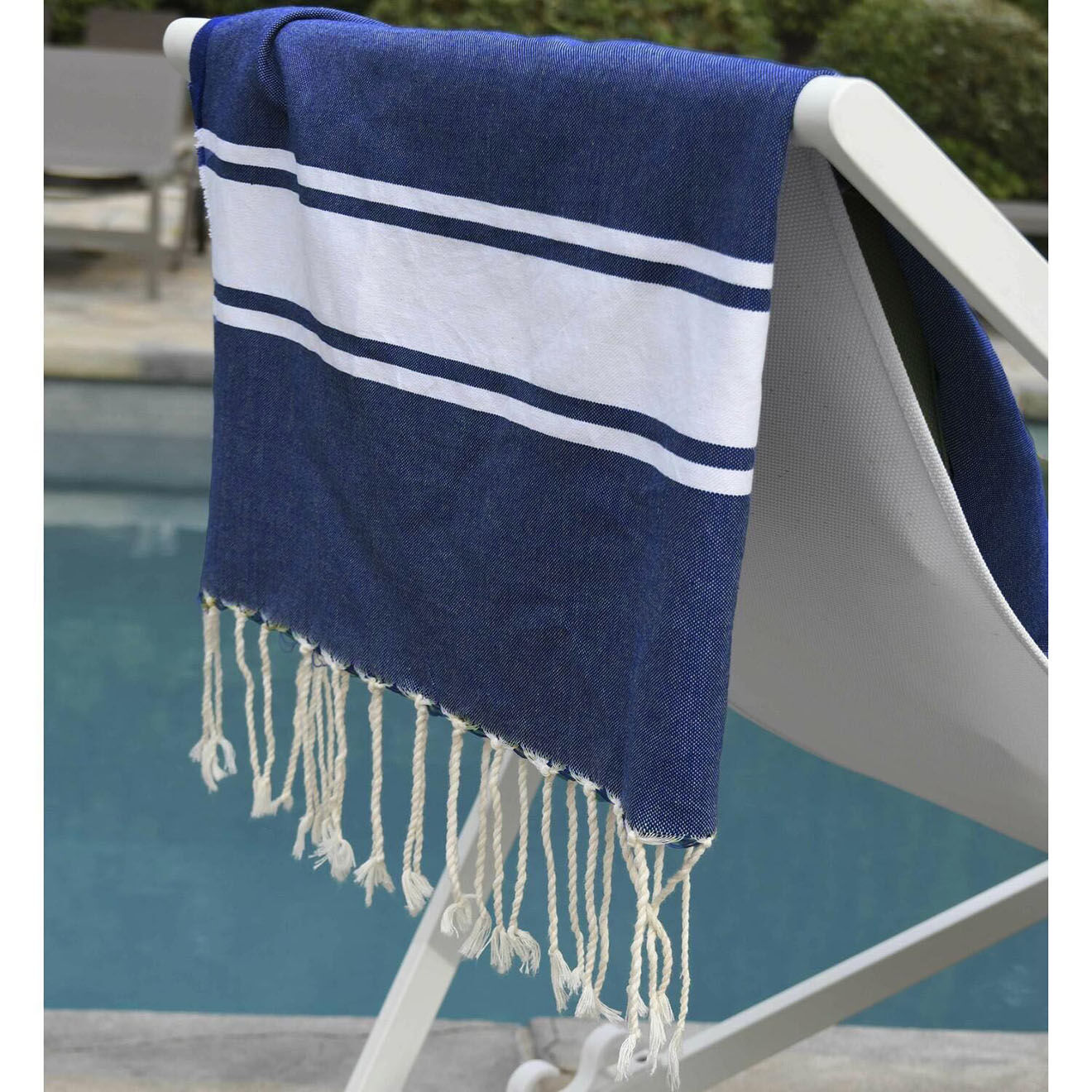 Febronie Fouta Traditionelle St Tropez bleu grecque/blanc - 100x200 cm