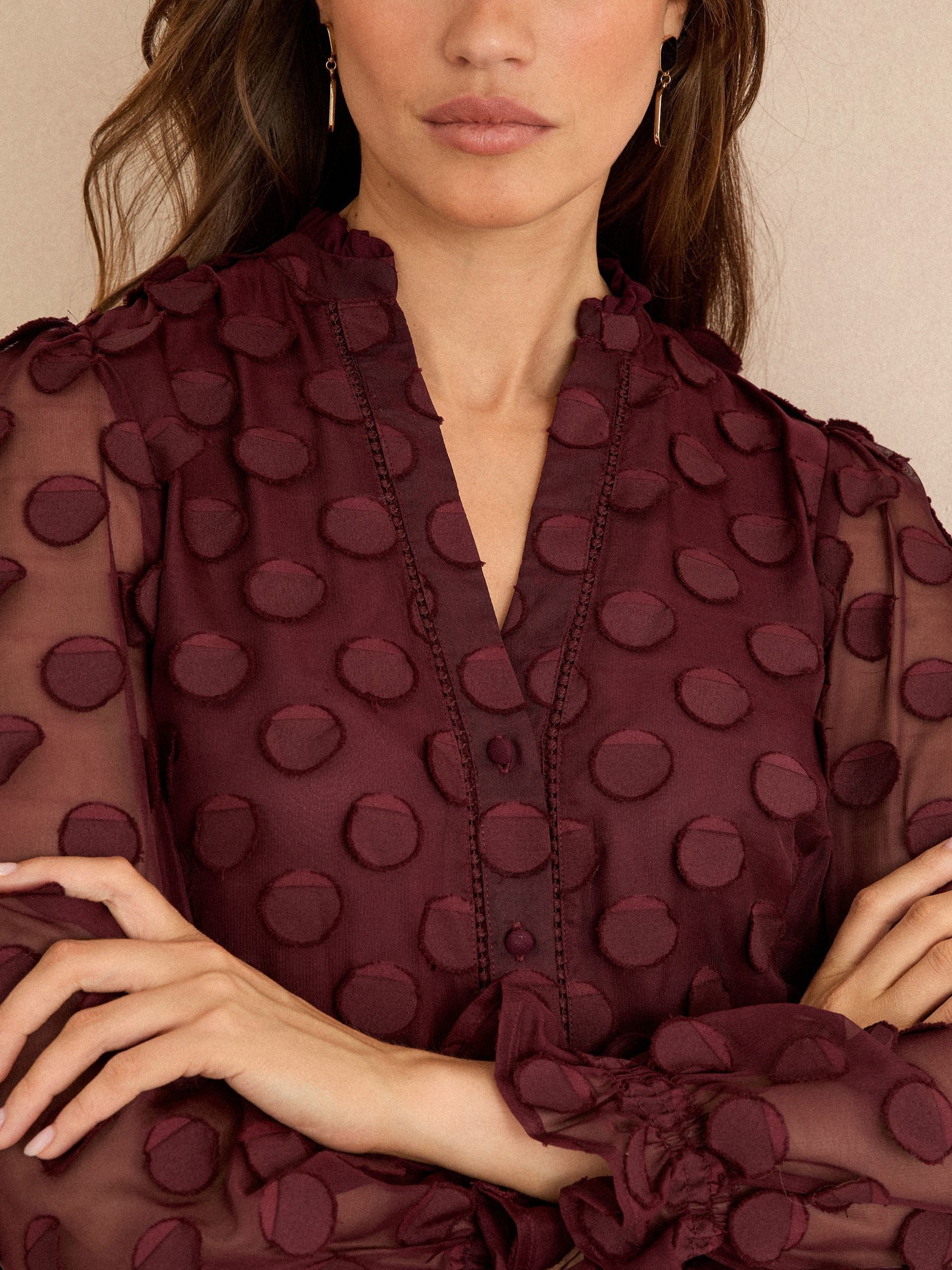 Bordeauxrood - Love & Roses 3D blouse met lange mouwen en stippen