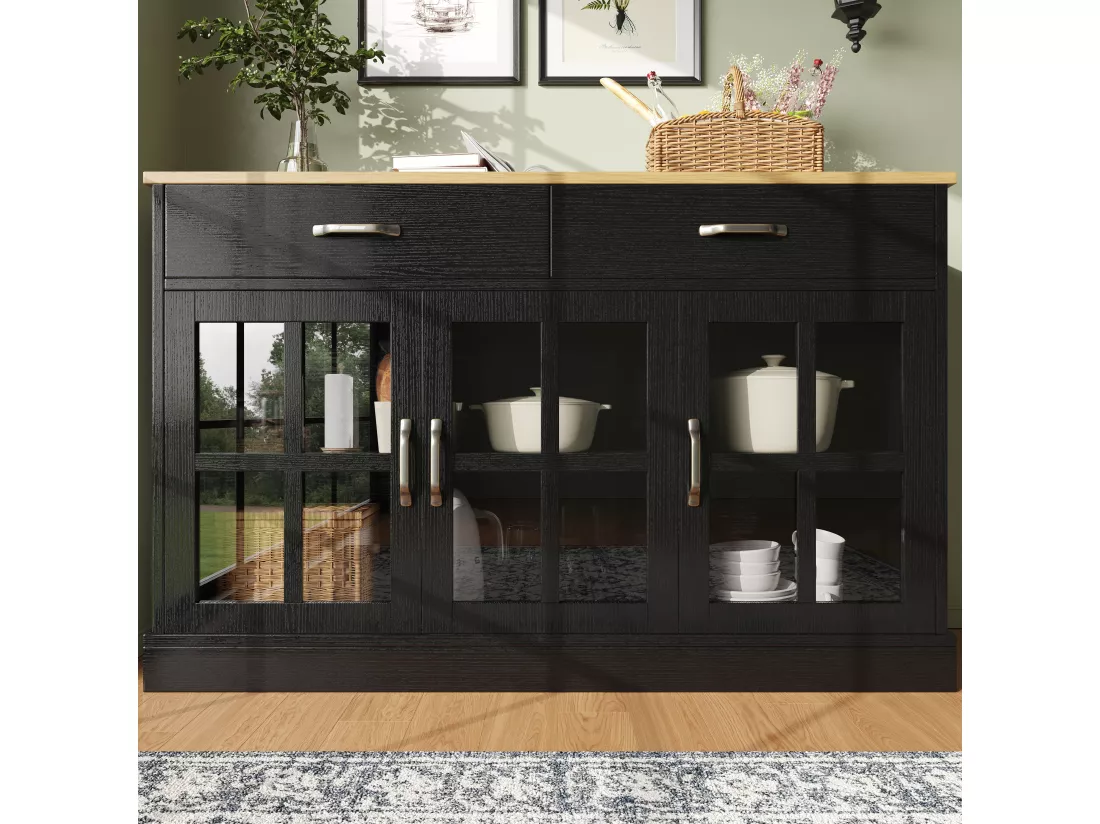 Buffet de cuisine avec 2 tiroirs et 3 portes en verre - 120 x 40 x 84 cm - Bois MDF - Noir + naturel