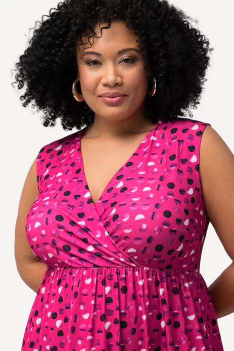 Jerseykleid, Punkte, A-Linie, V-Ausschnitt, ärmellos, fuchsia pink