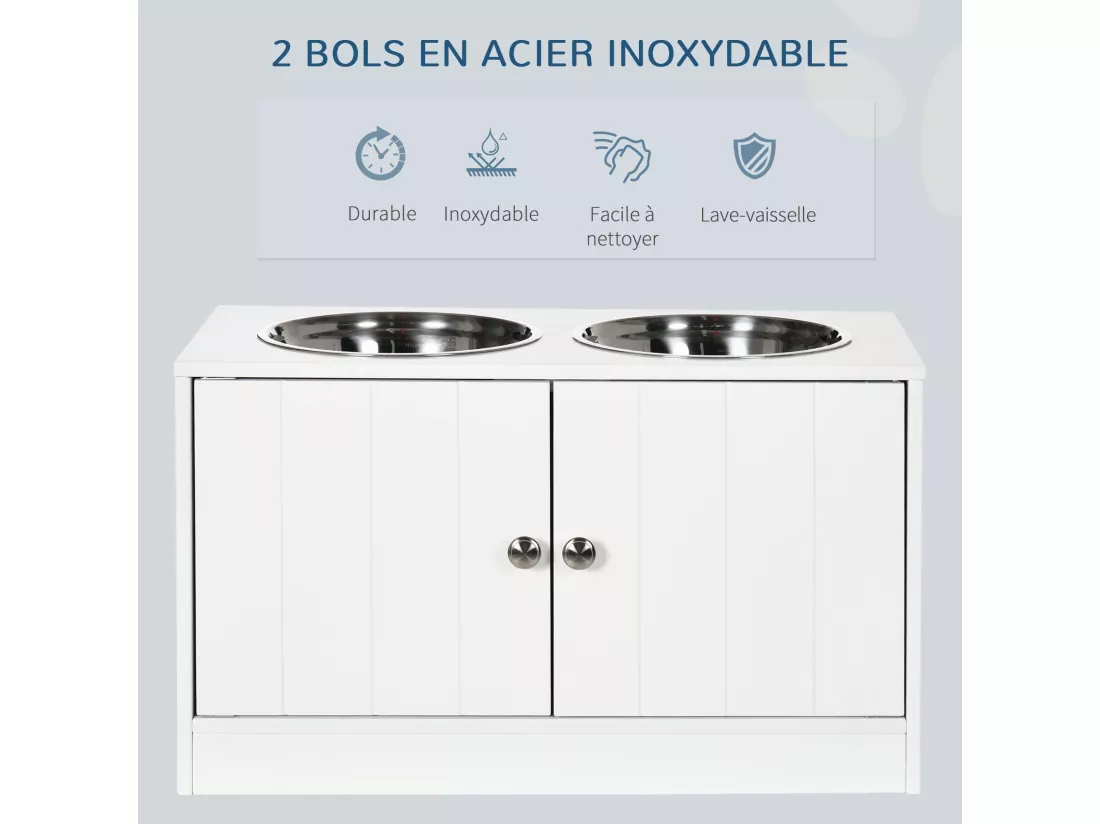 Gamelle double chien chat - porte-gamelles surélevé armoire 2 en 1 - 2 portes, 2 gamelles - acier inox. MDF blanc