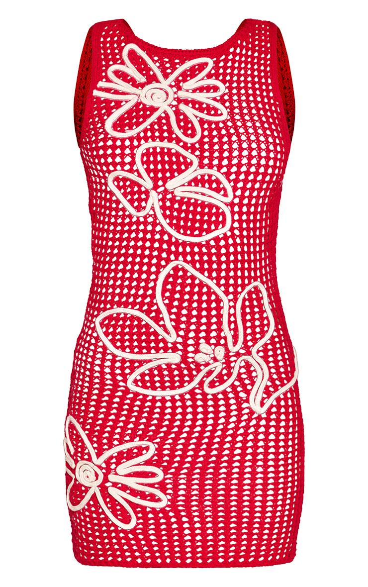 Rouge Robe Mini Moulante En Crochet Avec Détail Floral Contrasté En Cordelette