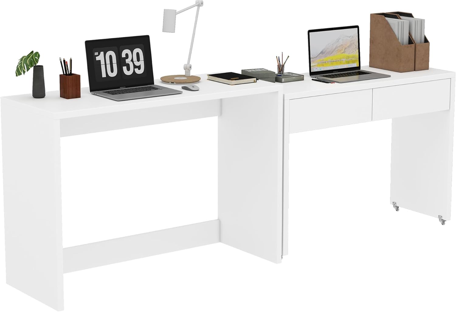 Faltbarer Schreibtisch, Schreibtisch mit Schubladen, Eckschreibtisch, Sideboard, Regalschreibtisch, 2-in-1 Kompaktschreibtisch, Ausziehbar, Rollen Ausgestattet, 110×40×78cm (Weiß)