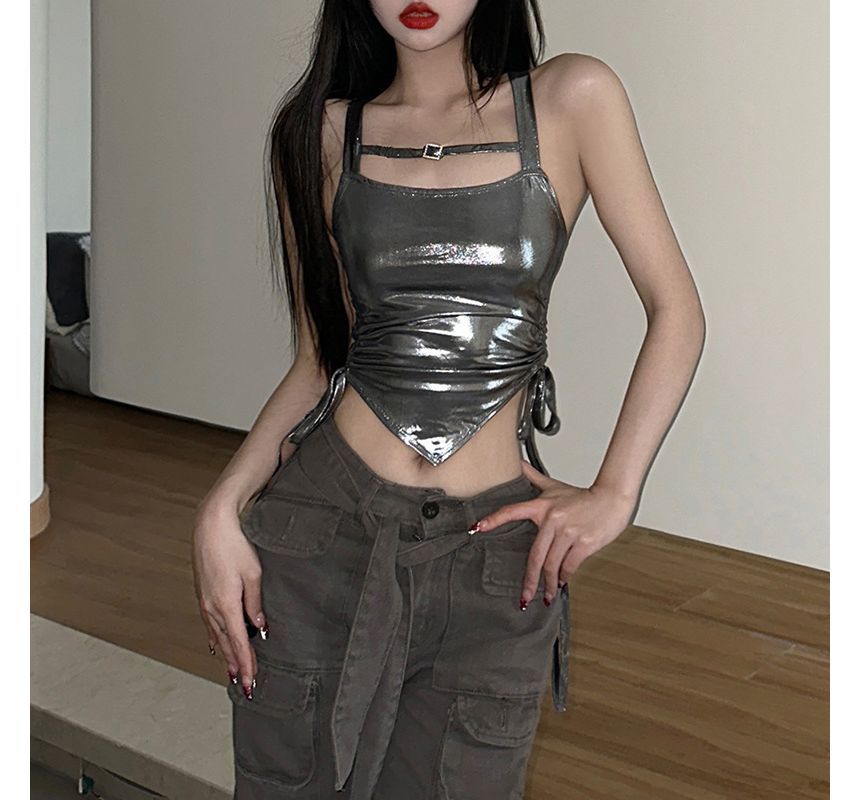 Sugarcoat - Metallic cami-top met gerimpelde zijkanten en asymmetrische zoom