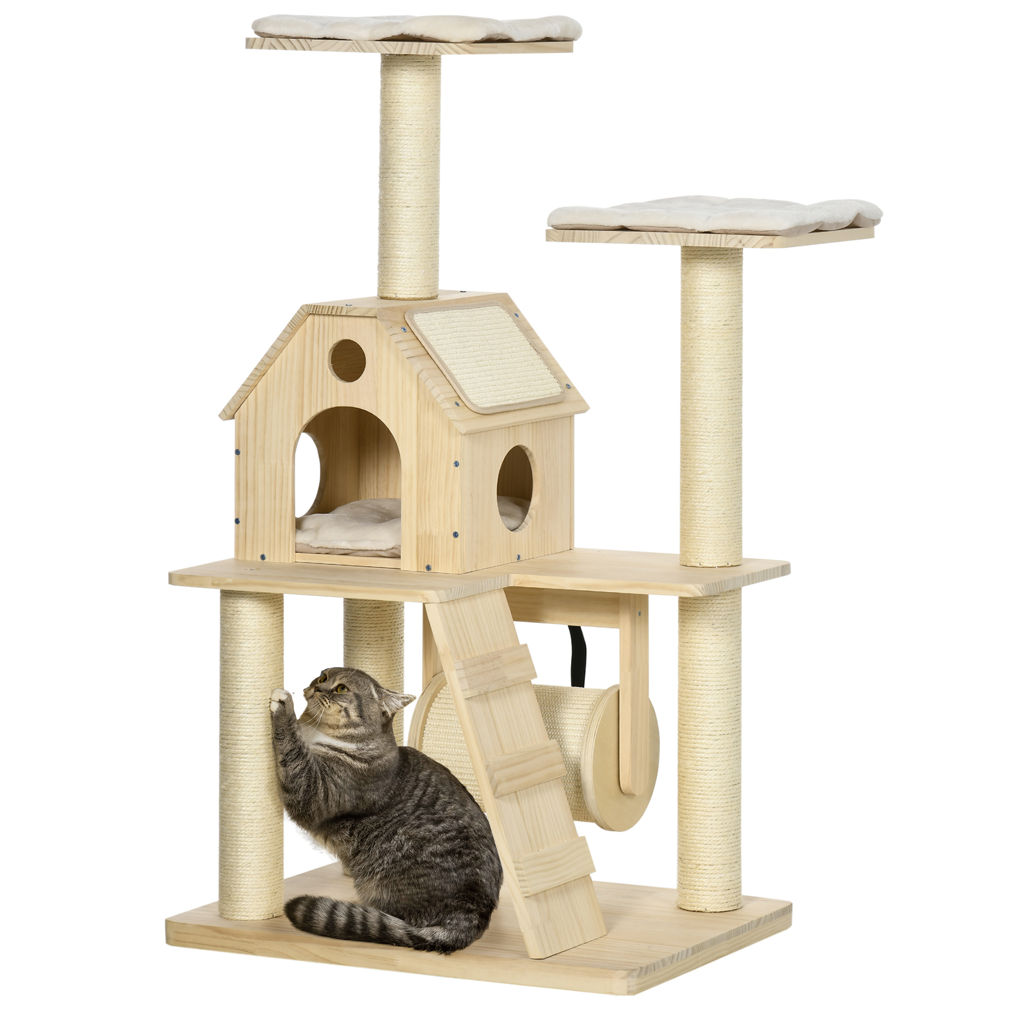Arranhador de madeira para gatos PawHut, 125 cm de altura, torre para gatos com camas, almofada lavável, caverna, rolo, postes de sisal e rampa, 70 x 50 x 125 cm, cor natural.
